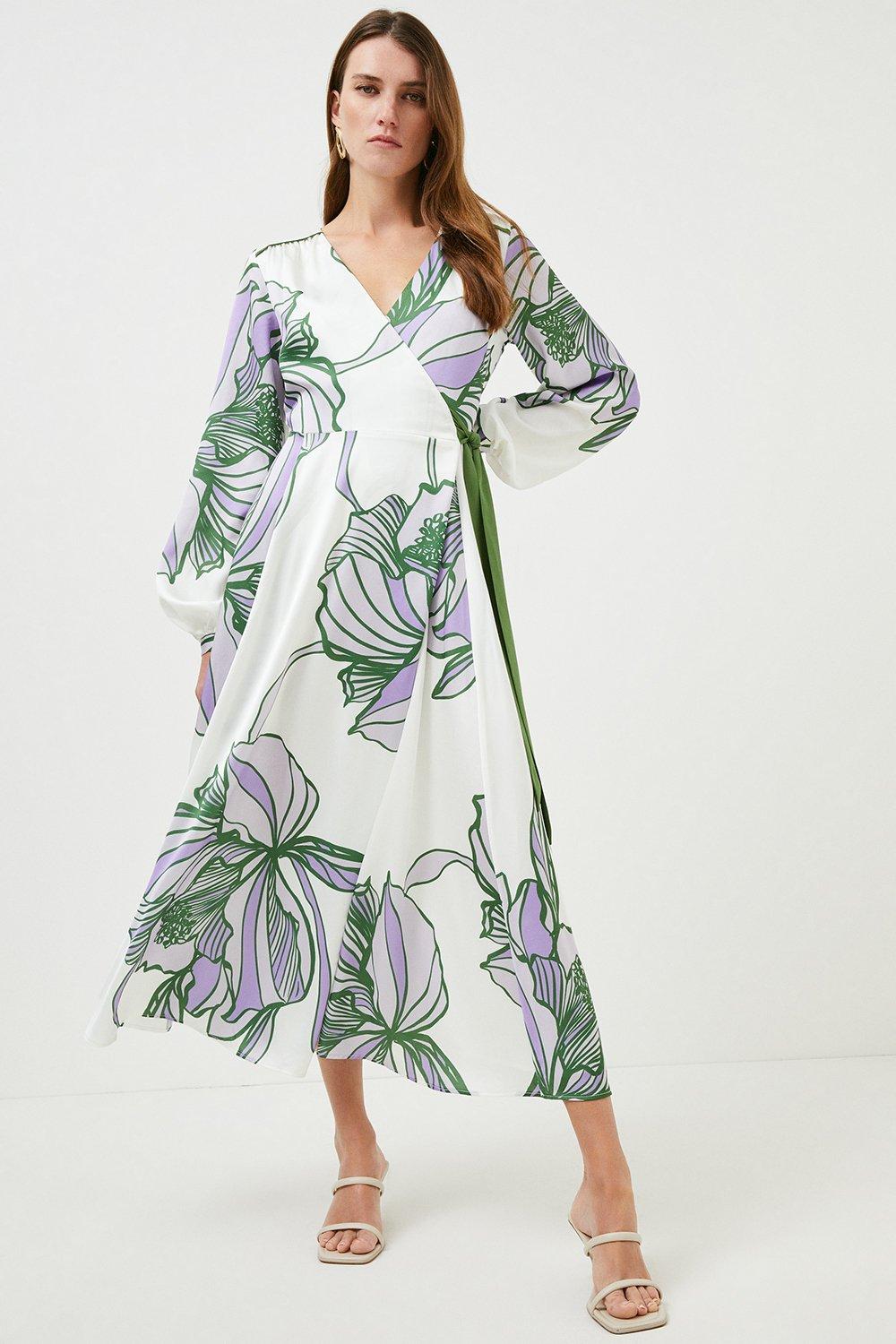 Cream Graphic Floral Wrap Woven Midi Dress Green Purple Wedding Guest Outfit Karen Millen