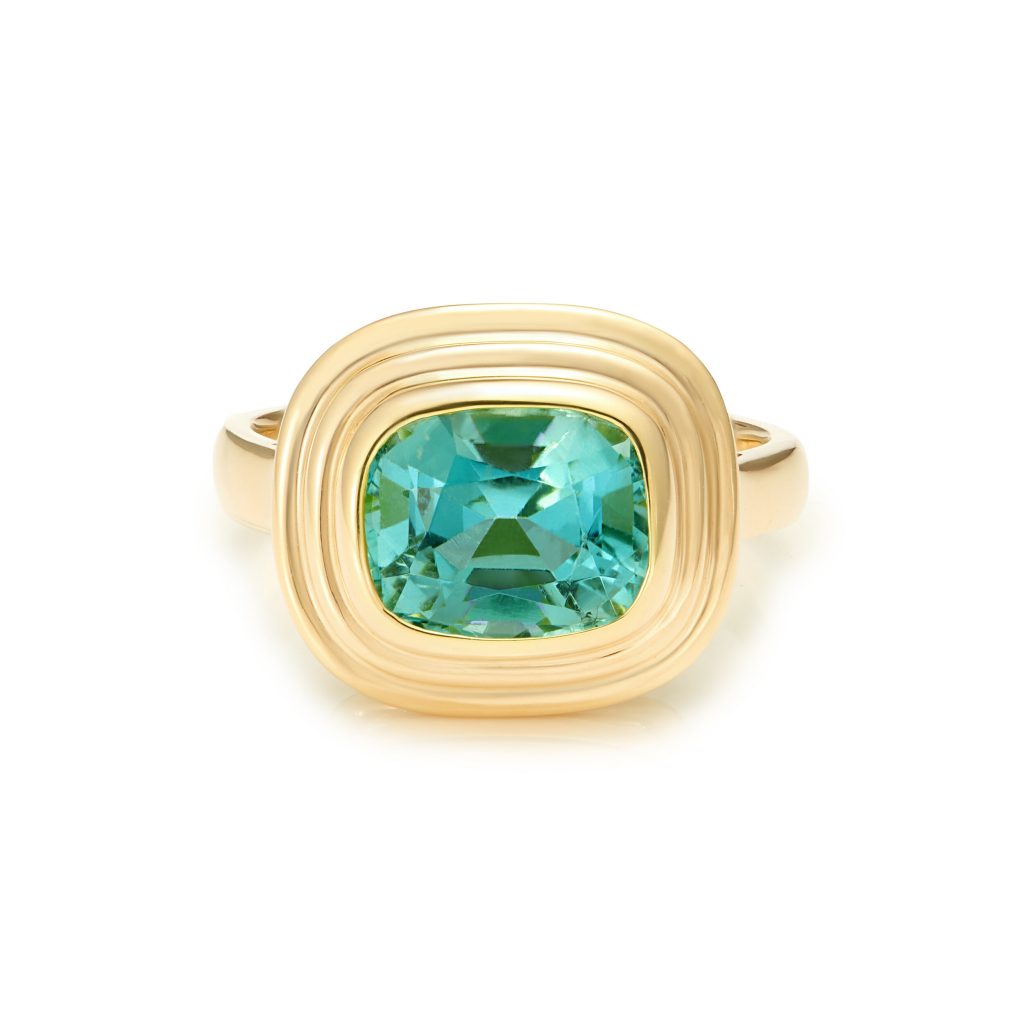 Minka Jewels Athena Ring Cushion Cut Blue Tourmaline Yellow Gold