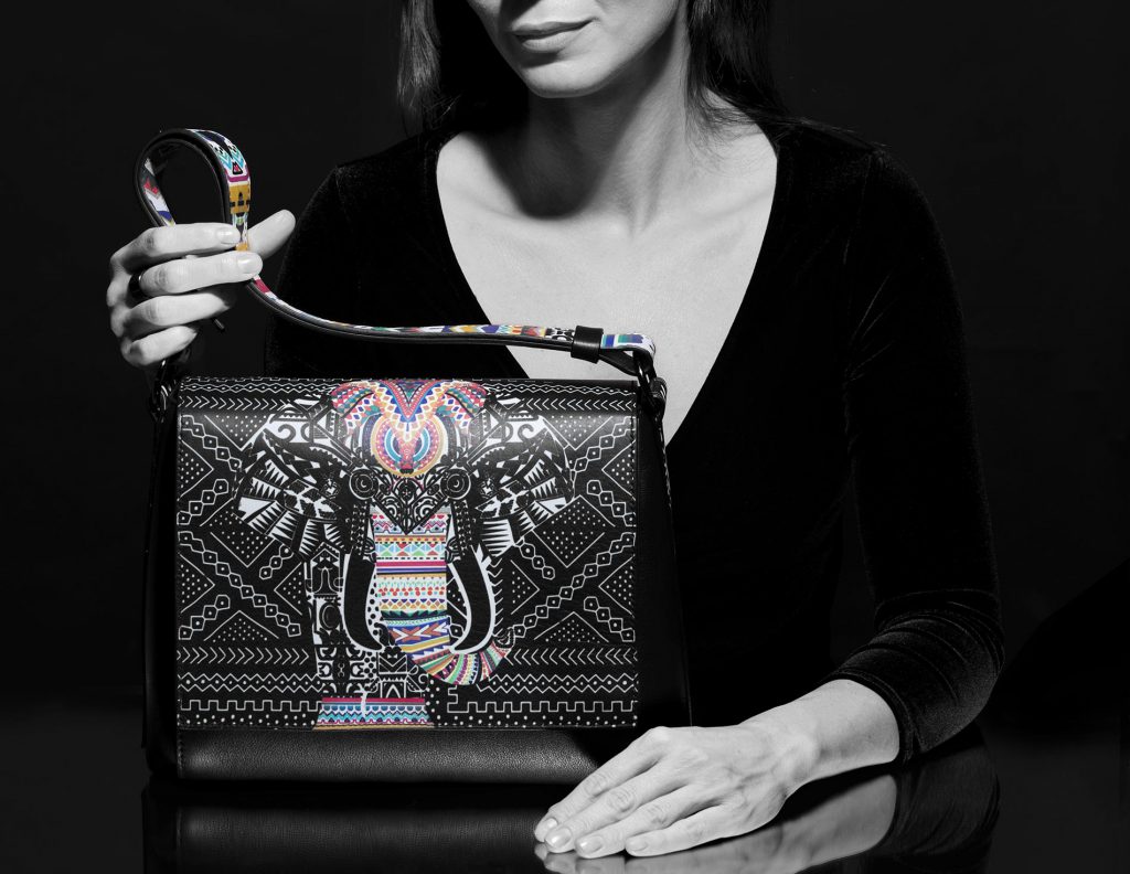 Colours Of My Life Art Printed Luxury Leather Handbag Elephant Design