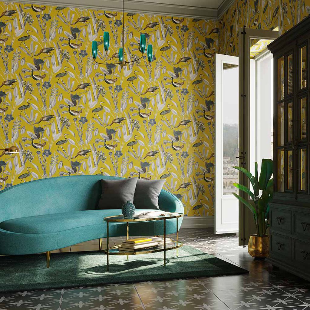 Glasshouse Mustard Wallpaper Graham & Brown Yellow Leaves Exotic Birds Nature Inspired