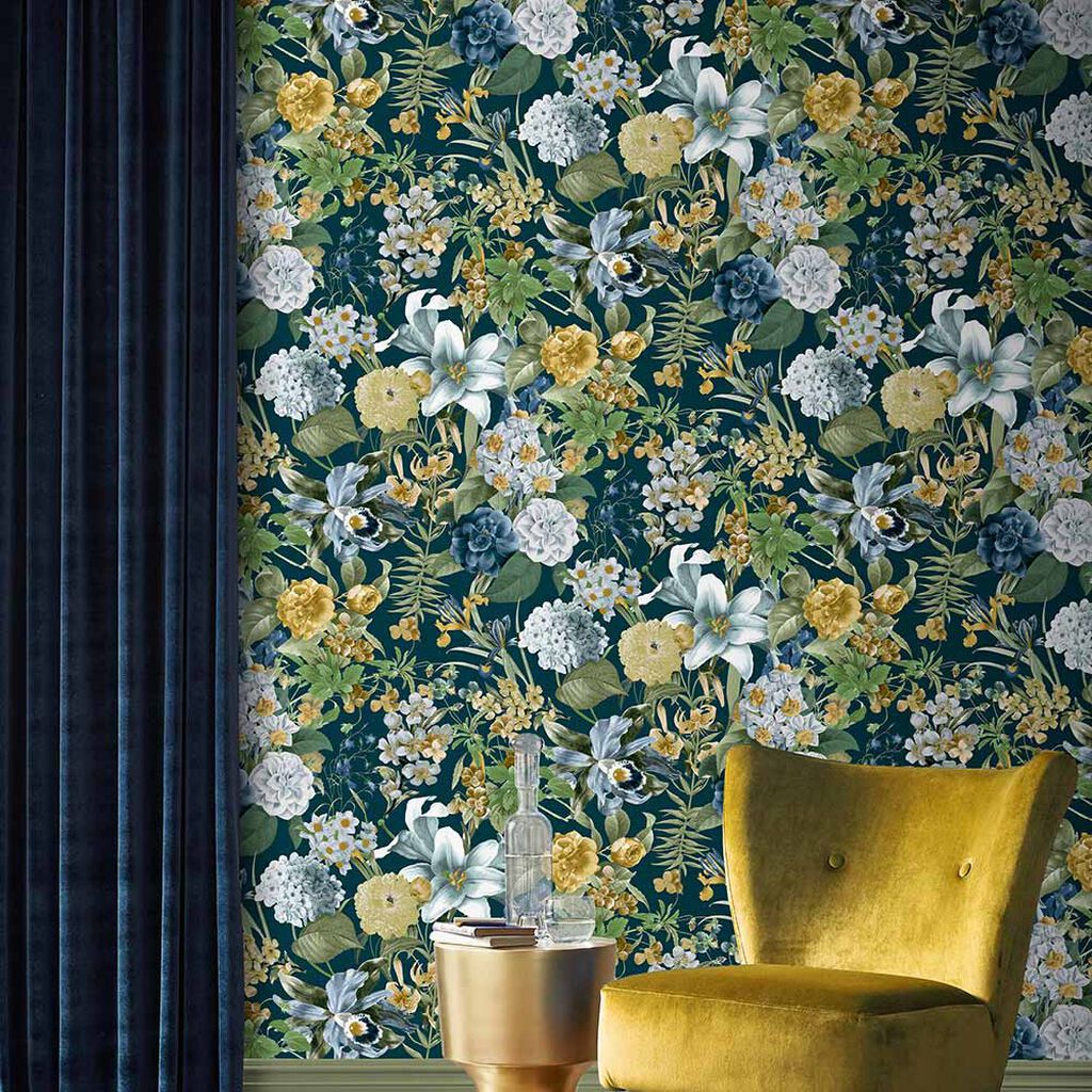 Greenhouse Flora Wallpaper Florals Green Yellow Blue Graham & Brown Nature Inspired