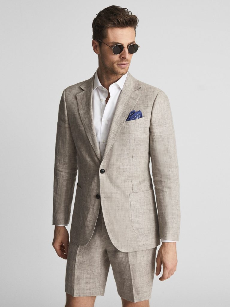 Men's Single Breasted Textured Linen Blazer Jacket Oatmeal