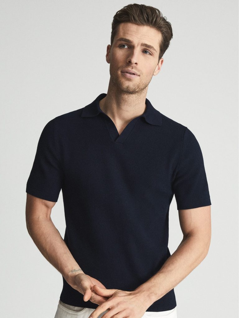 Cumbria Texture Open Collar Knitted Polo Navy