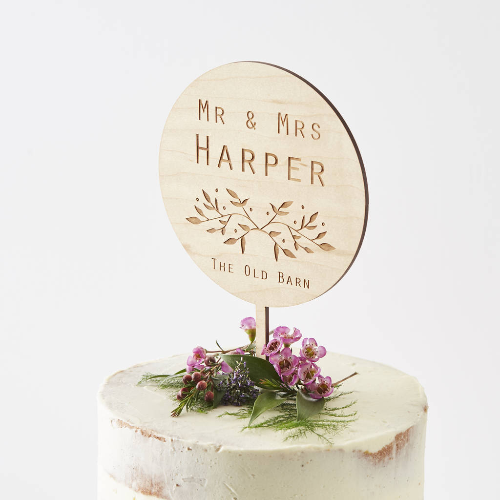 Engraved Botanical Personalised Wedding Cake Topper Wooden Round Floral