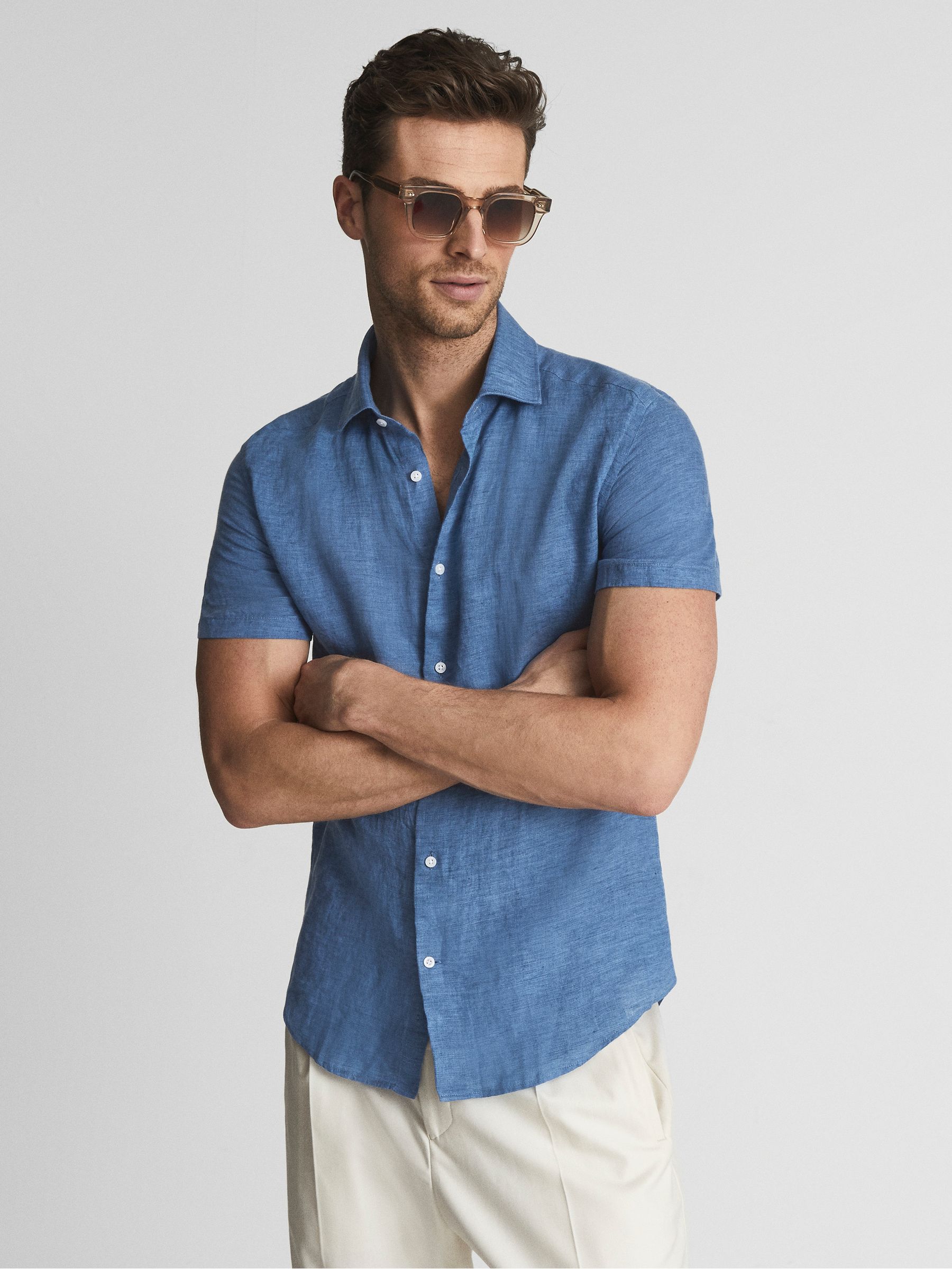 Men's Holiday Linen Slim Fit Shirt Cornflower Blue