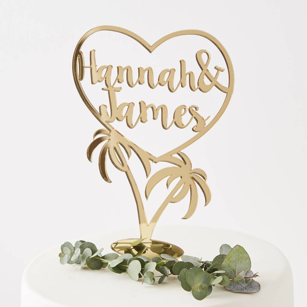 Personalised Palm Tree Wedding Cake Topper Gold Acrylic Tropical Theme