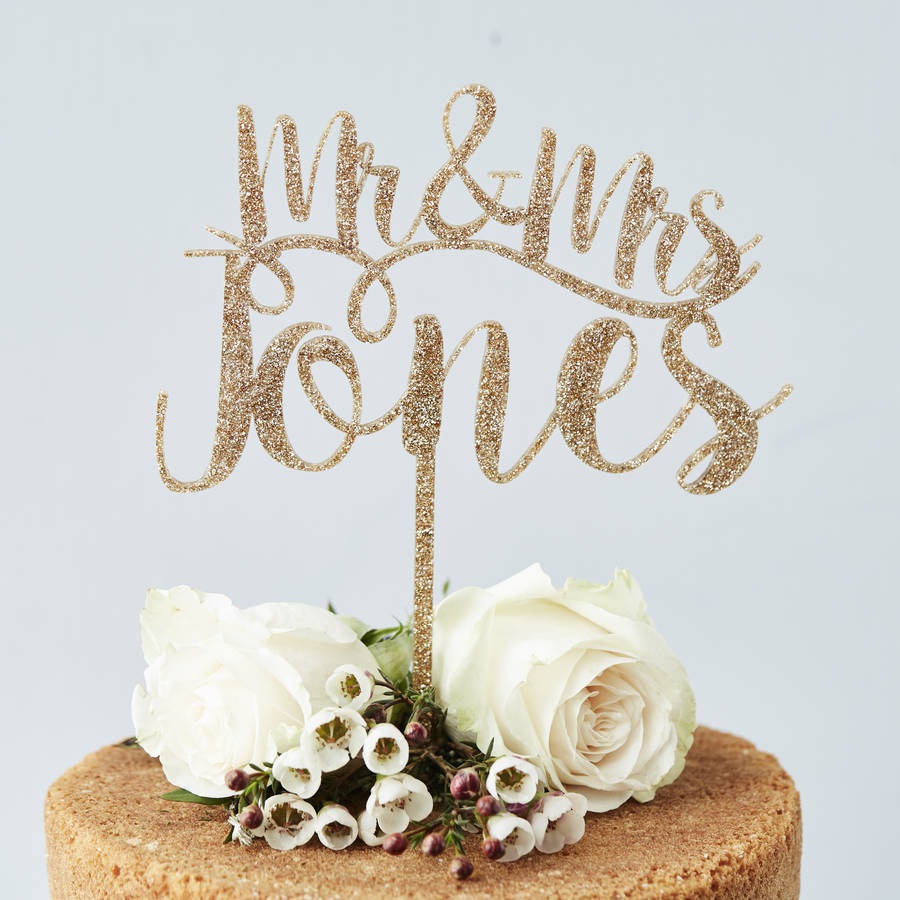 Romantic Personalised Mr And Mrs Cake Topper Gold Glitter