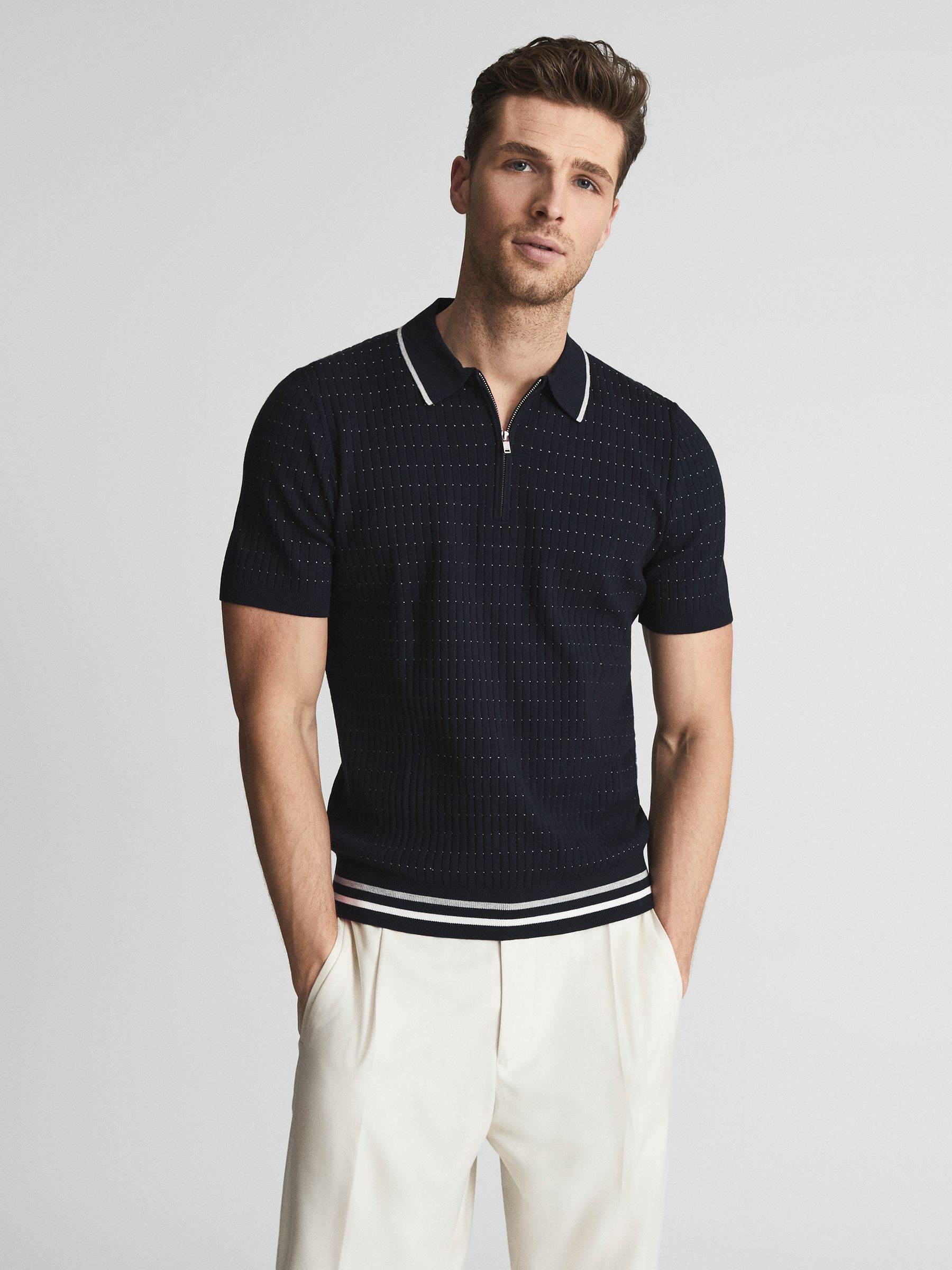 Men's Textured Stripe Half Zip Polo T-Shirt Navy White