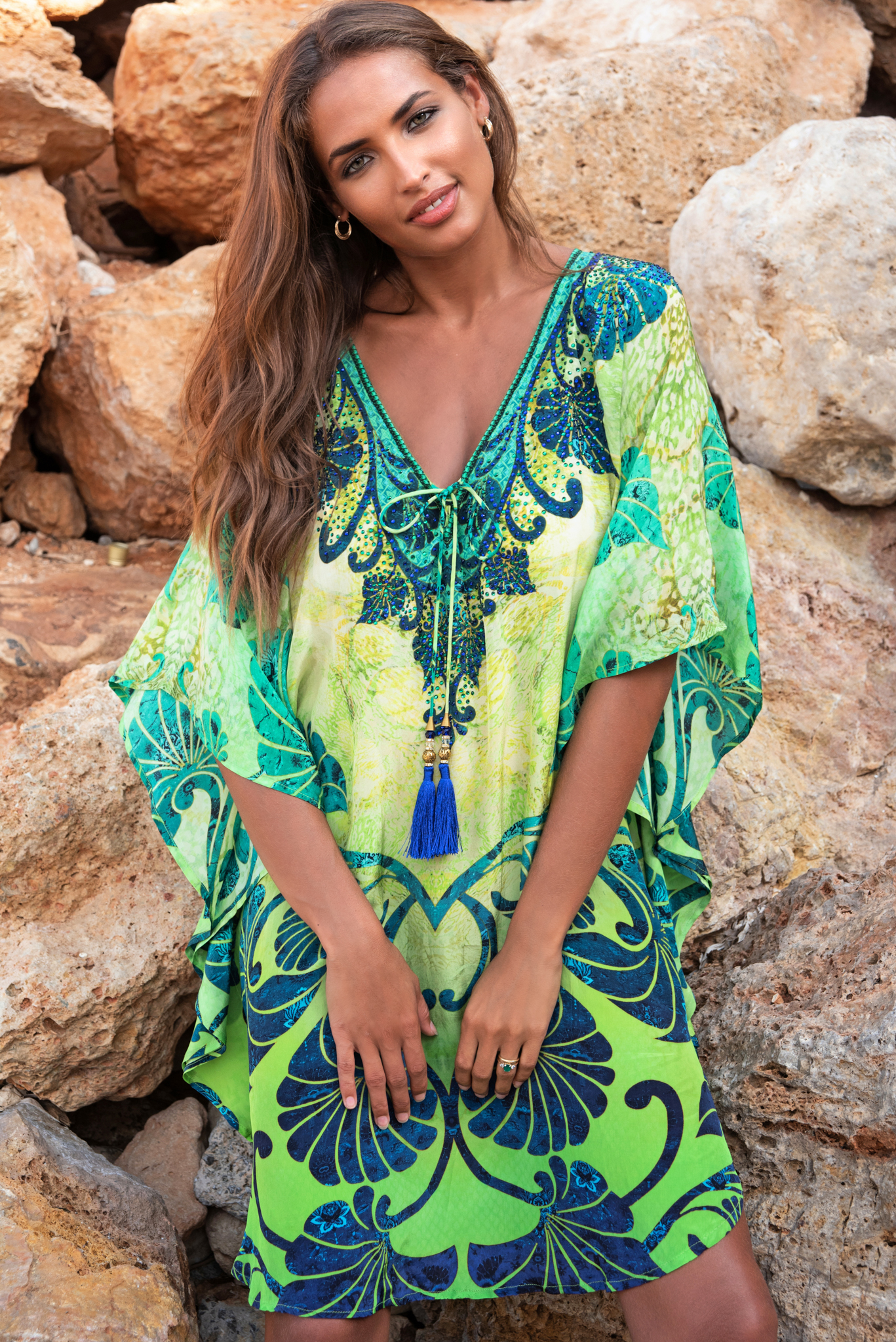 Blue and Green Kaftan with Tassels