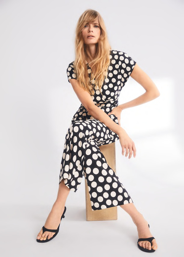 Polka Dot Print Jumpsuit Spots Long Straight Wrap Front