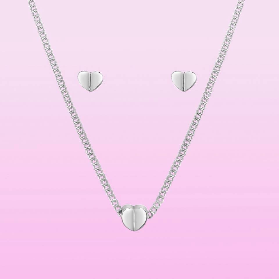 Heart Necklace and Earrings Set Silver