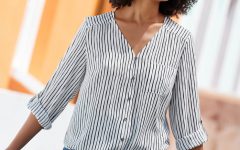 Tie Front Striped Long Sleeve Blouse