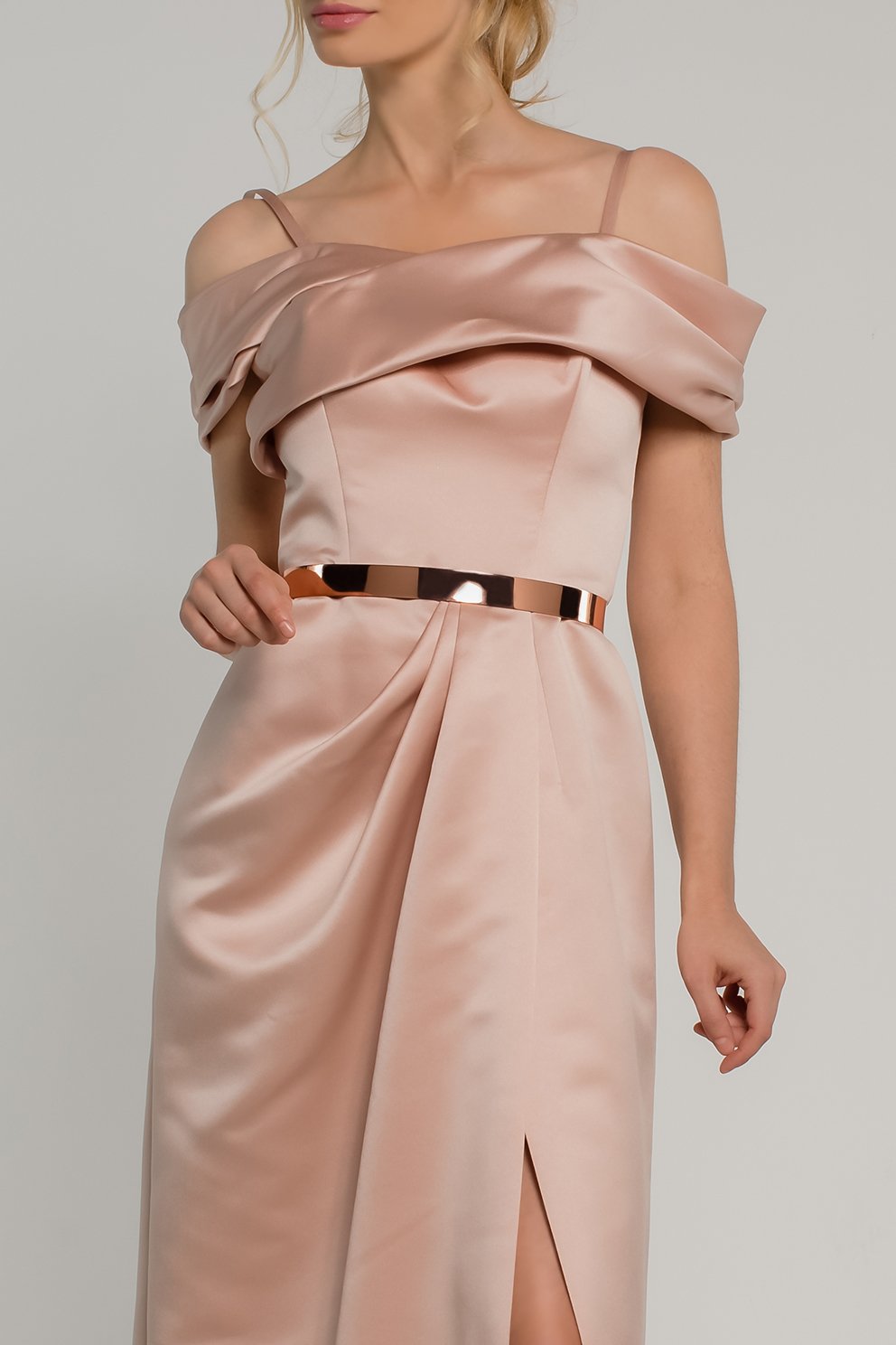 Designer Blush Pink Off The Shoulder Silk Evening Gown