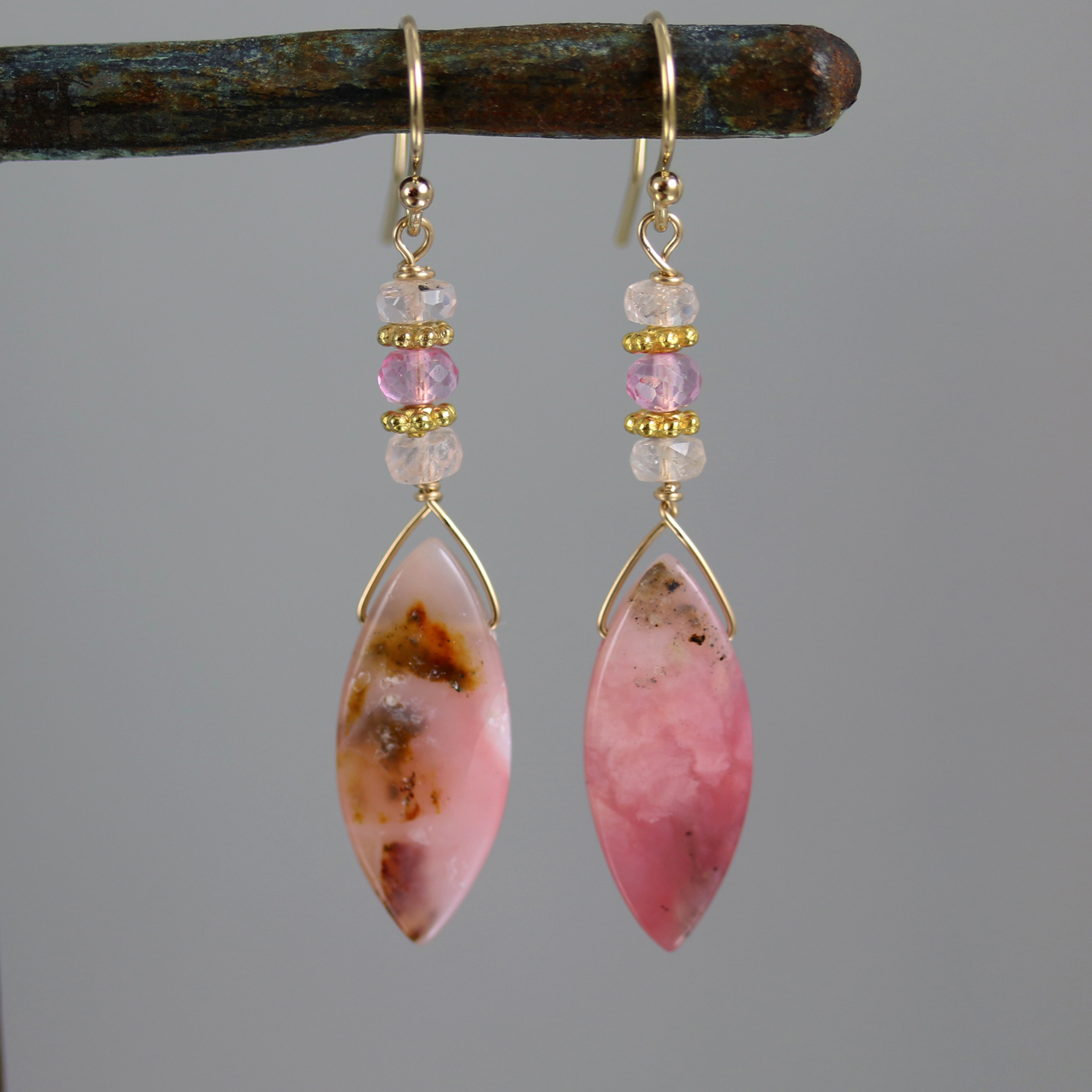 Pink Opal Marquise Earrings with Peach Morganite and Pink Topaz Gemstones