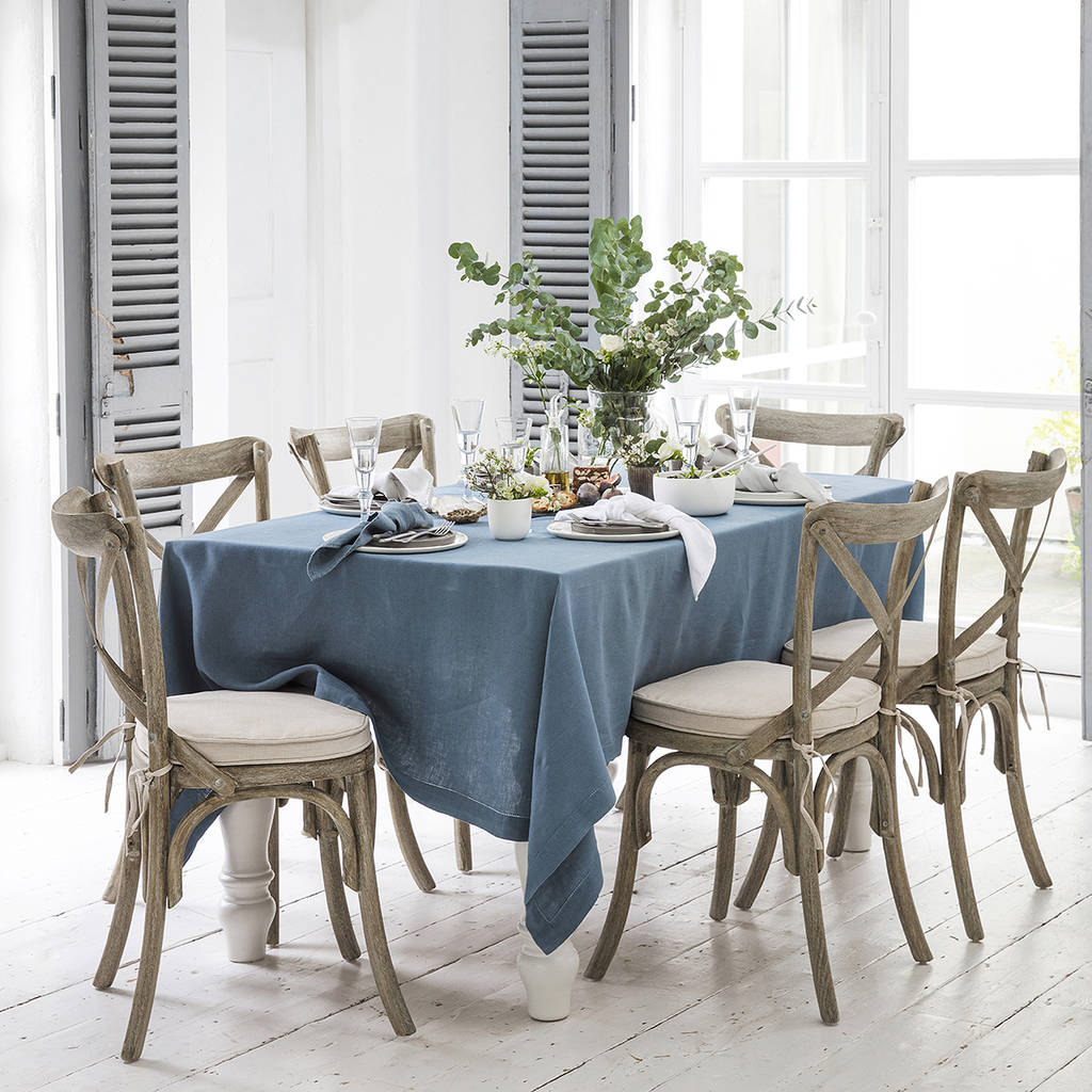 Parisian Blue Linen Tablecloth With Mitered Hem 