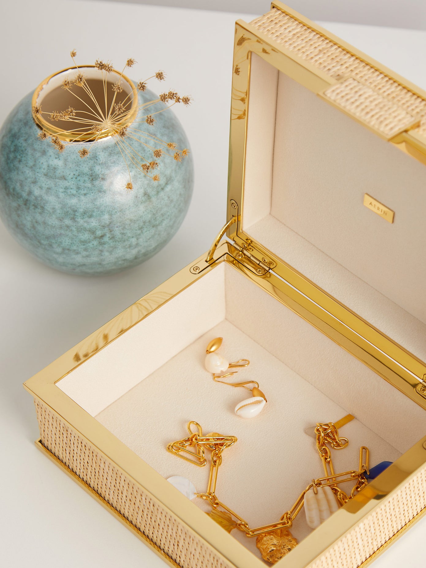 Aerin Colette Small Woven Cane Beige Luxury Designer Jewellery Box