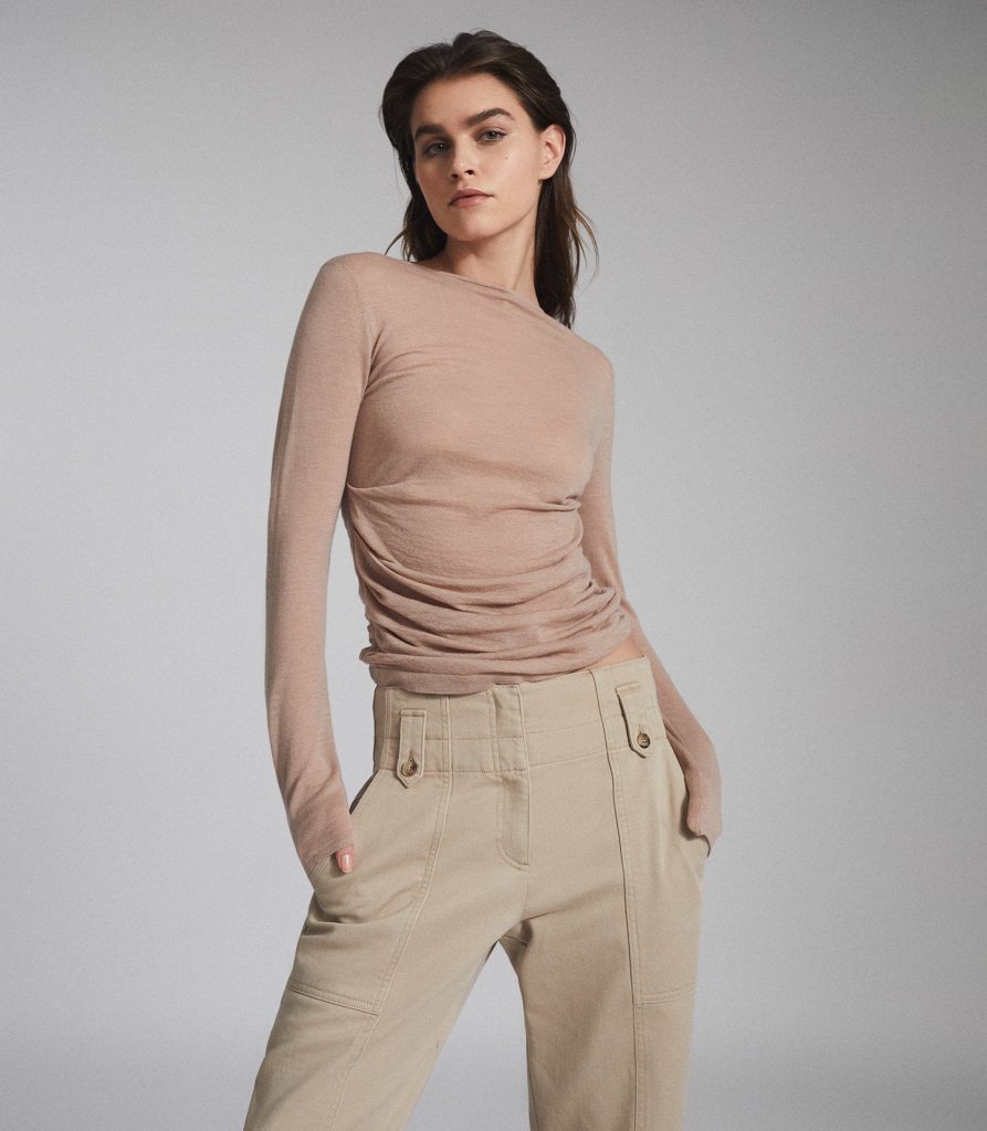 Wool Cashmere Blend Ruched Top Blush