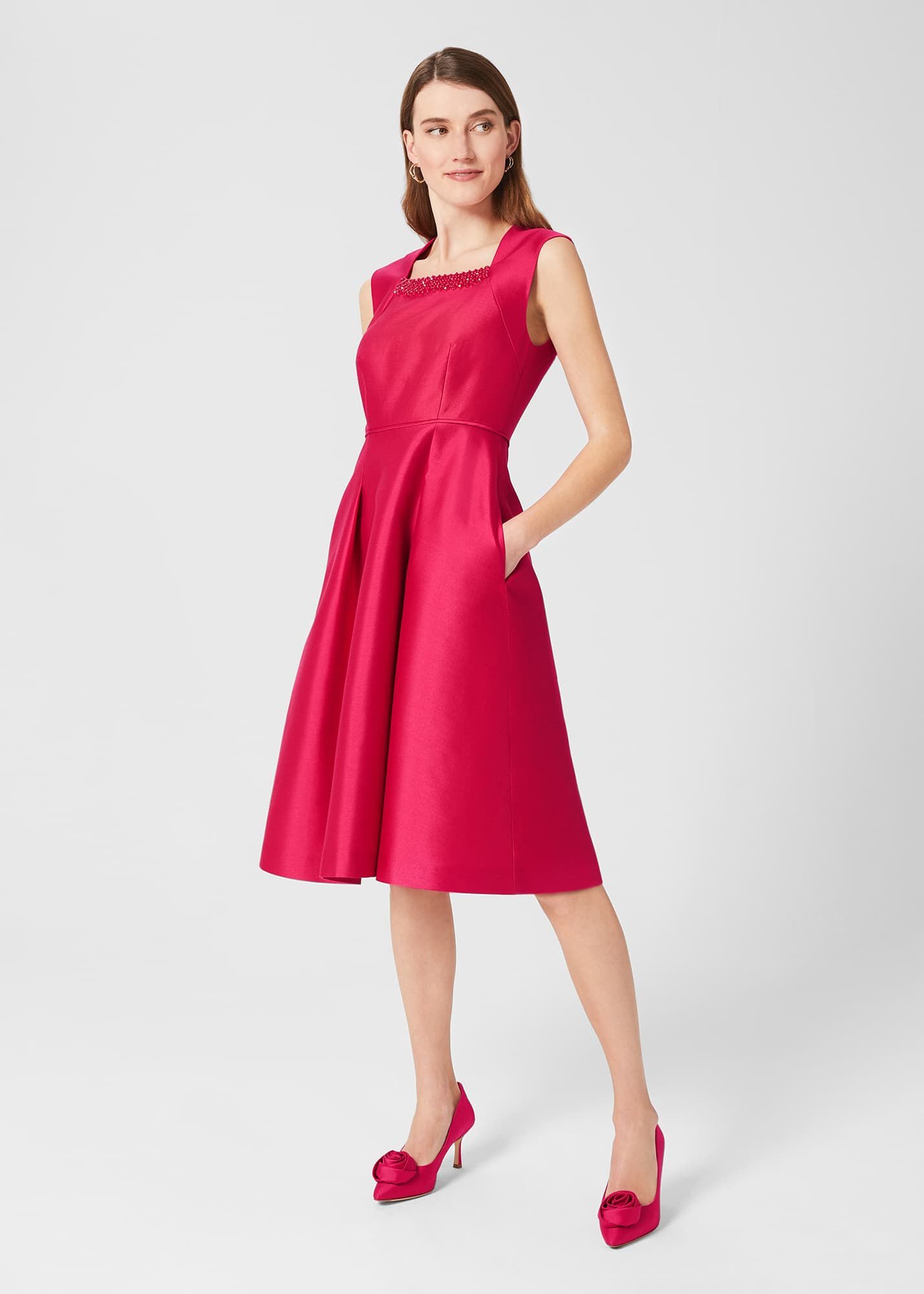 Hobbs London Julietta Silk Blend Fit And Flare Dress Fuchsia Pink Luxury Occasionwear