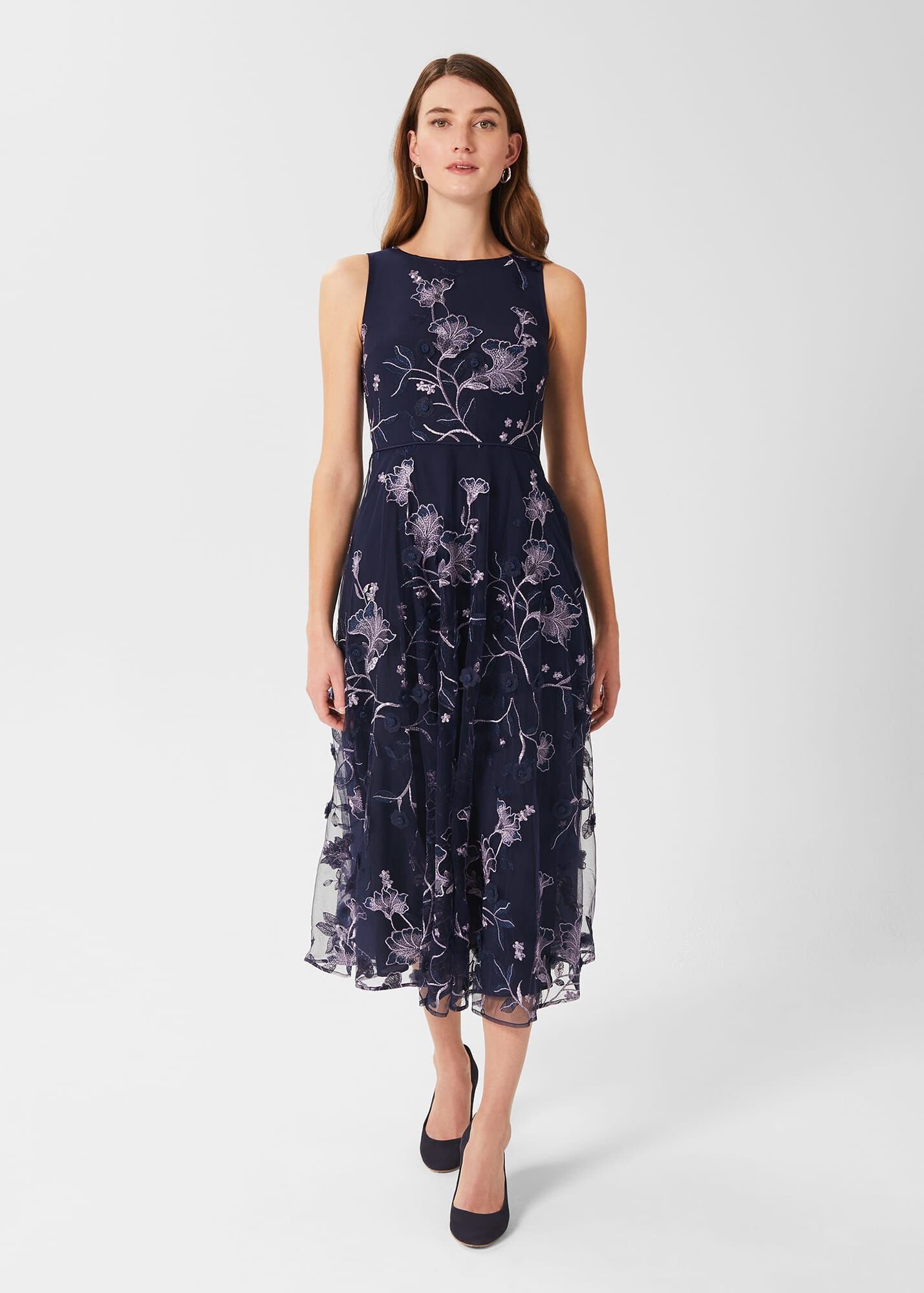 Hobbs London Myla Floral Dress Blue Embroidered Tulle Fabric Occasionwear