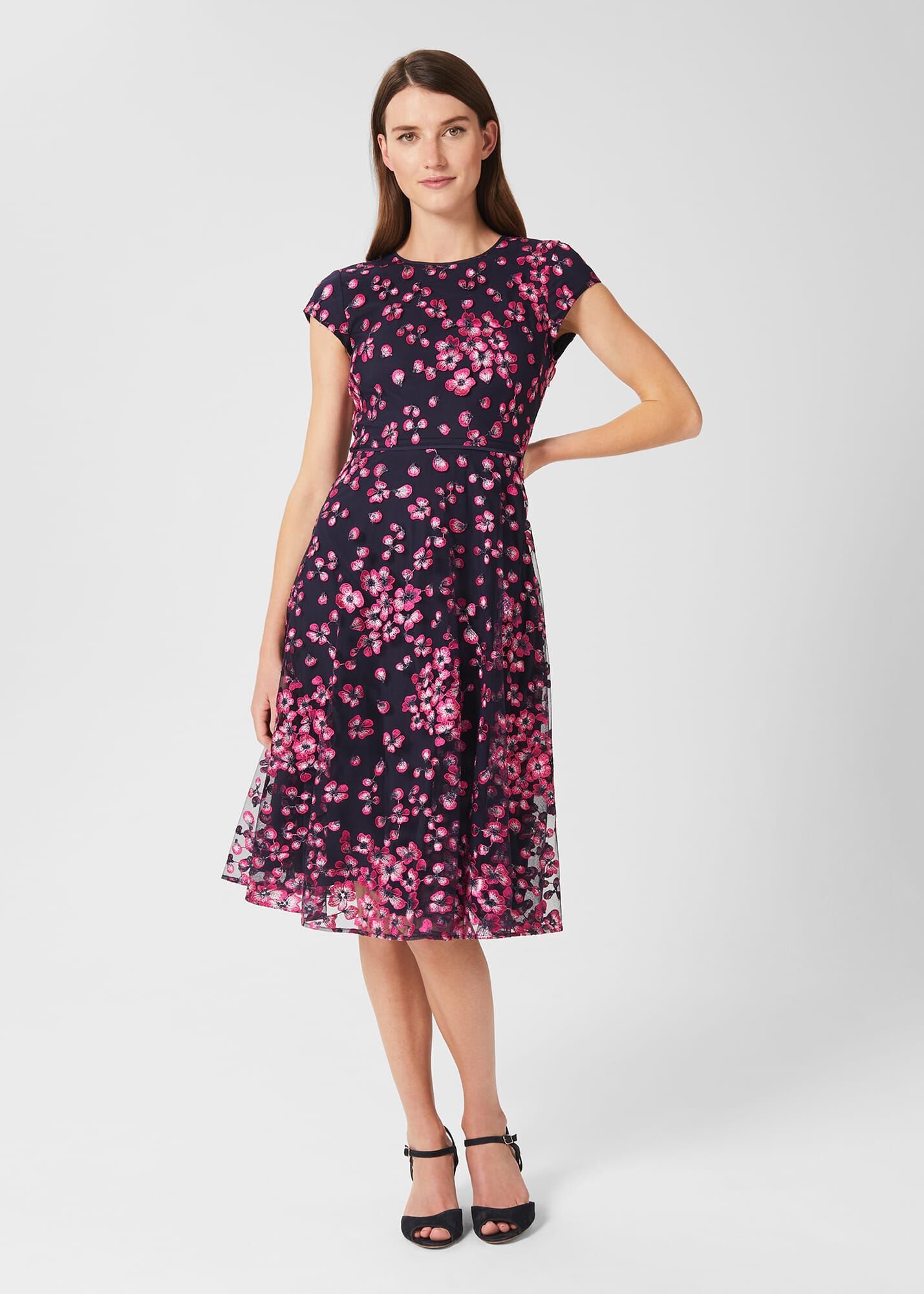 Tia Floral Embroidered Dress Navy Pink Tulle Fabric Luxury Occasionwear