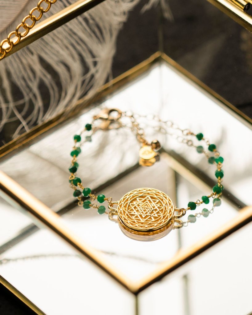 Seven Saints Spiritual Jewellery Vitality & Prosperity Sri Yantra Bracelet Green Jade 18k Gold Finish One Size