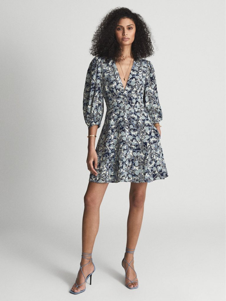 Daisy Puff Sleeve Print Mini Dress Blue Sleeves Designer Reiss