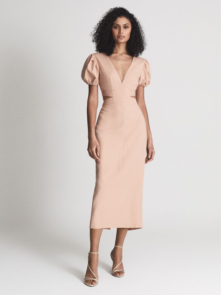 Jennah Puff Sleeve Cut Out Back Midi Dress Peach Designer