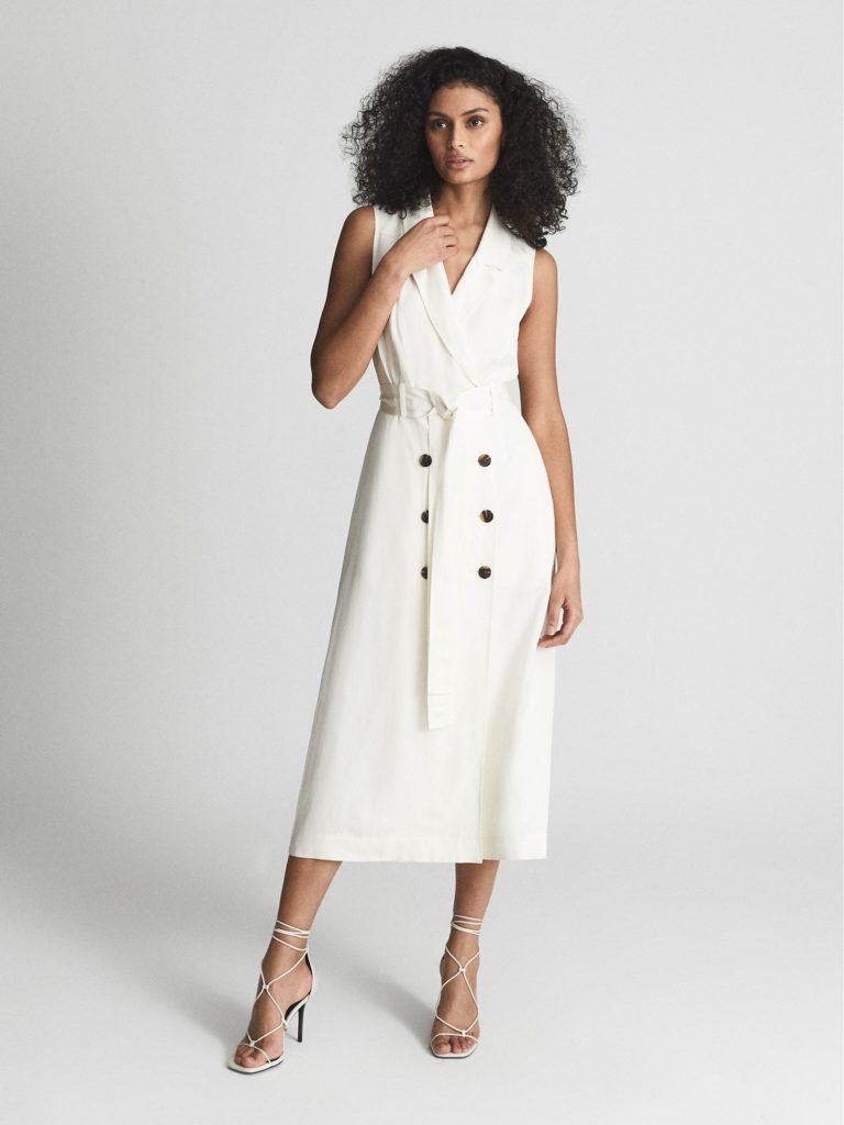 Mariah Linen Belted Button Midi Dress Ivory Designer