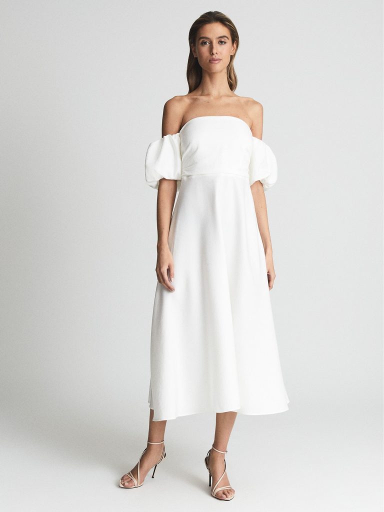 Shona Puff Sleeve Off Shoulder Midi Dress White Designer Reiss