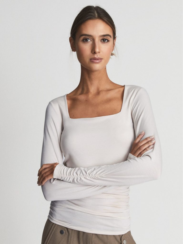 Alys Square Neck Ruched Top Cream Long Sleeved
