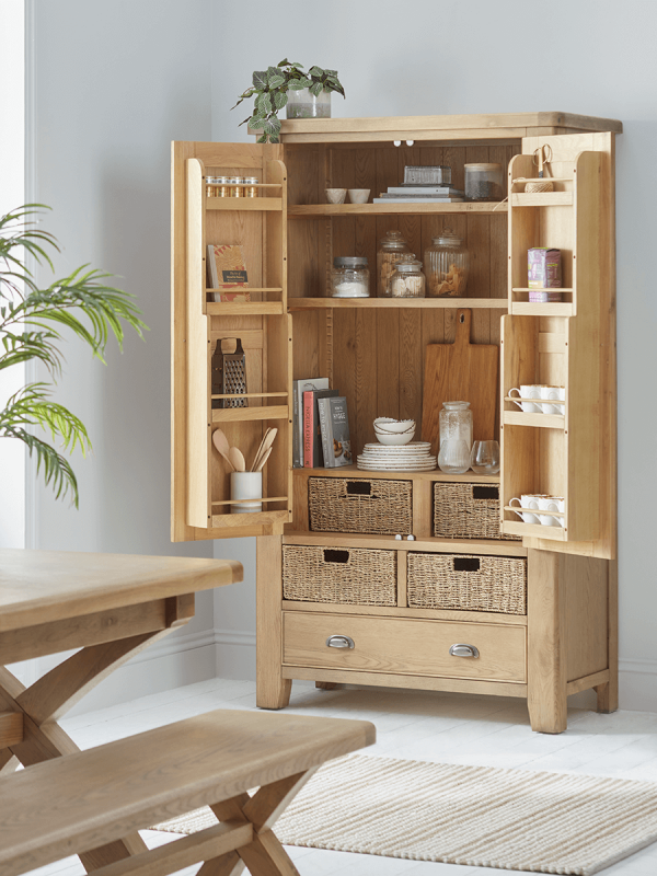 Burford Oak Larder Unit Modern Rustic Kitchen Dining Room Cupboard Storage Solution Shelves