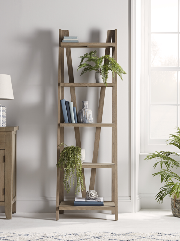 Keswick Ladder Shelf Bookcase Storage Solution Small Space Modern Oak Wood
