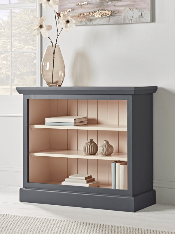 Low Bookcase Two Tone Grey Blush Painted Pine Fir Wood Storage Solution
