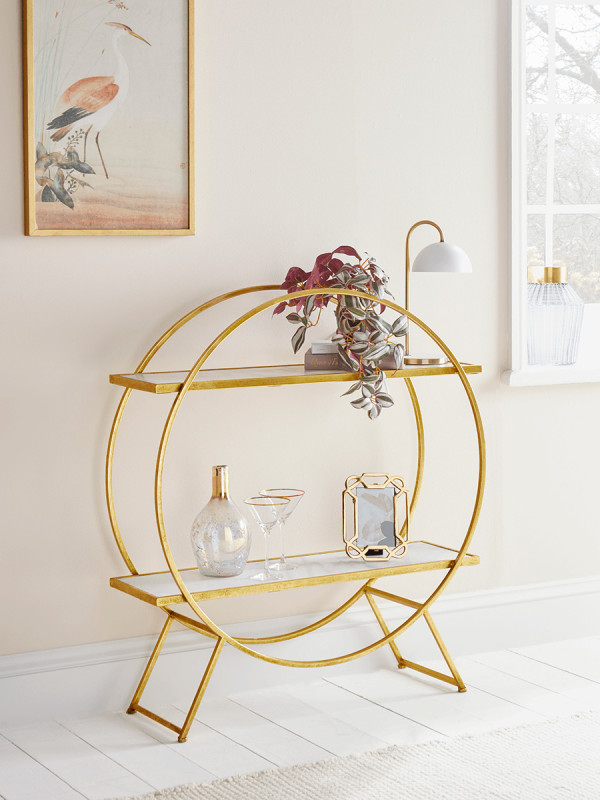 Marble And Gold Circular Shelf Unit Art Deco Style Iron Frame