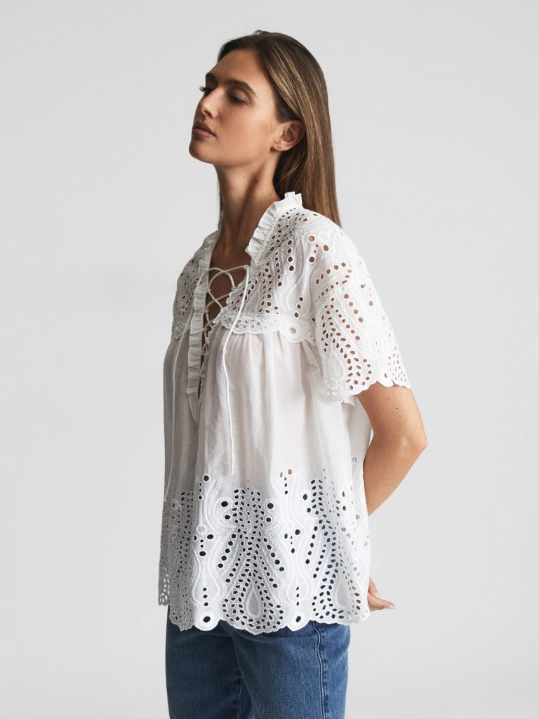 Aubree Tie Neck Embroidered T-Shirt Cotton White Broderie Anglaise Top