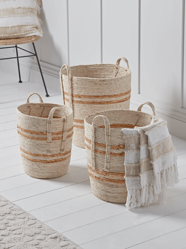 Three Tall Woven Striped Baskets Set Natural Scandi Inspired Interiors Cottage Style Storage Solution