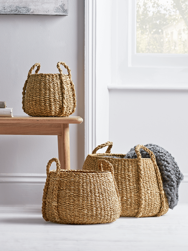 Three Tapered Seagrass Baskets Rustic Boathouse Storage Soluton Organise Declutter Home