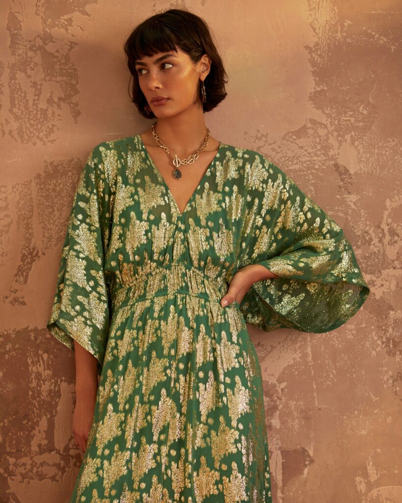 Floral Green Metallic Midi Dress
