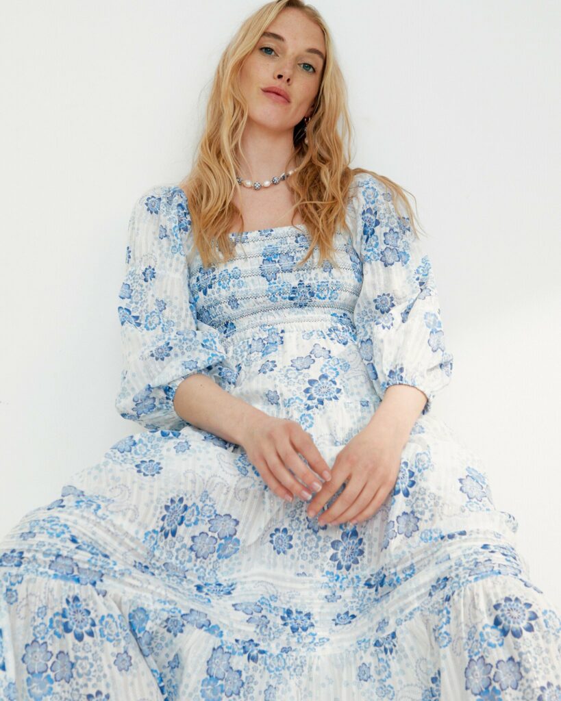 Floral Print Blue and White Midi Dress