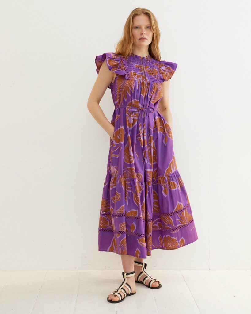 Palm Leaf Print Purple Midi Dress