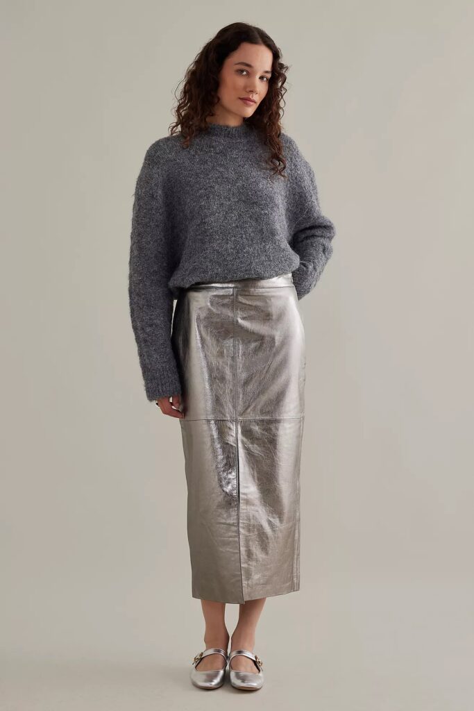 Metallic & Shine Fashion Trend Silver Midi Skirt