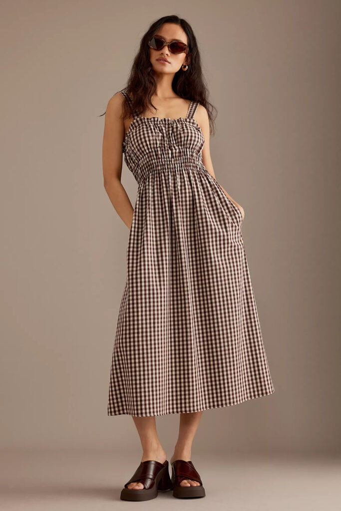By Anthropologie Evie Sleeveless Ruched Midi Dress in Gingham Pattern