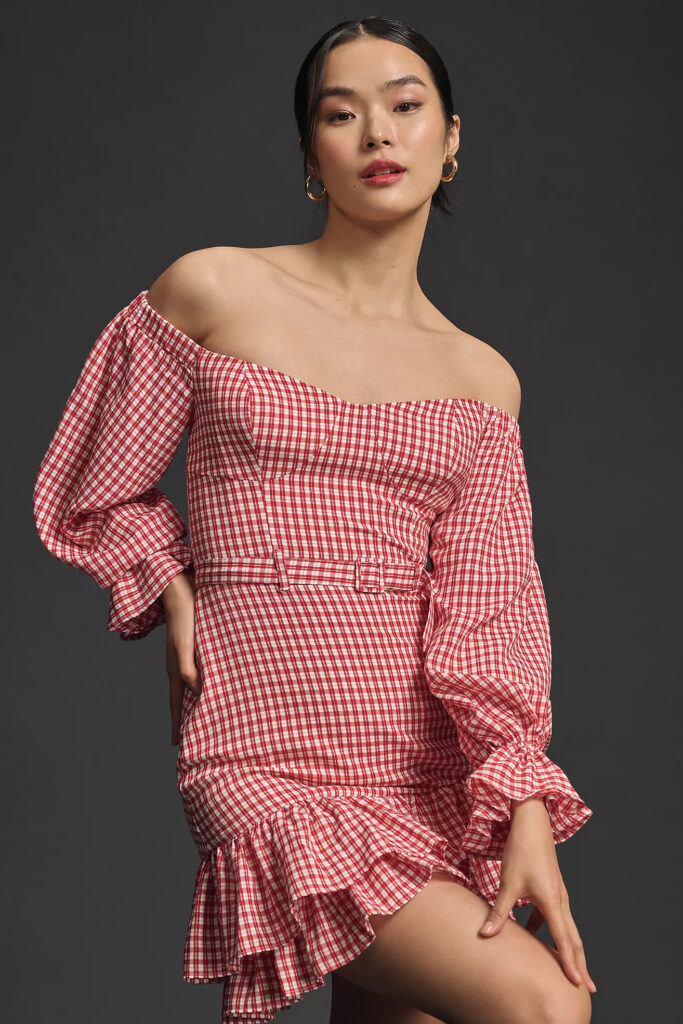 Maeve Off-The-Shoulder Ruffled Mini Dress Summer 2024 Gingham Trend