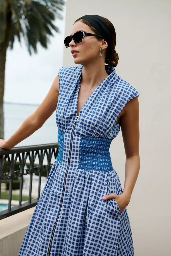 The Tommie Cap-Sleeve Smocked Front-Zip Midi Shirt Dress Summer 2024 Gingham Trend